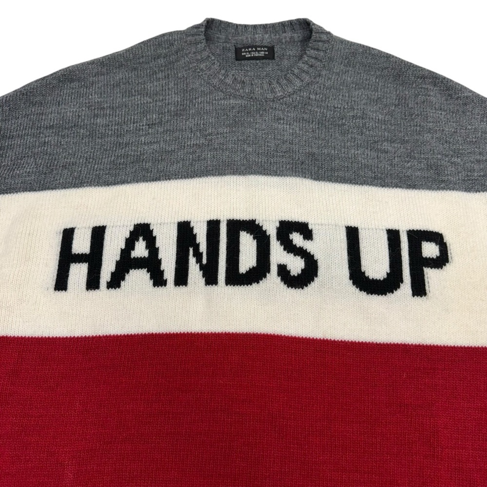 Zara Man Sweater Mens XL Pullover Crew Neck Colorblock Knitted Spellout Wool - Picture 3 of 10